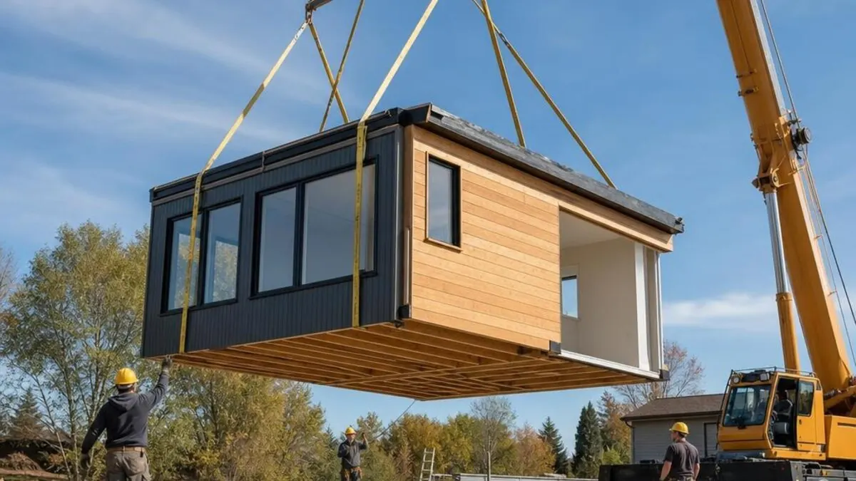 Modular home being craned onto its foundation on delivery day