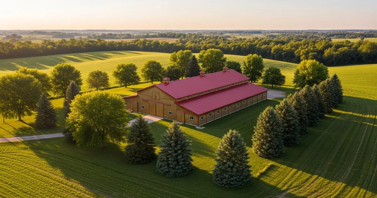 Pole barn with red metal roof storing round hay bales next to a separate equipment shelter on a working farm