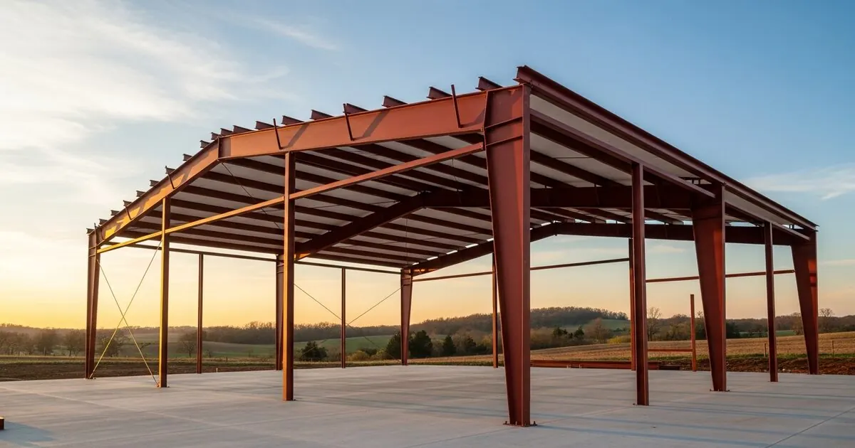 Class A RV parked under a tall vertical-roof metal carport with a boat covered alongside