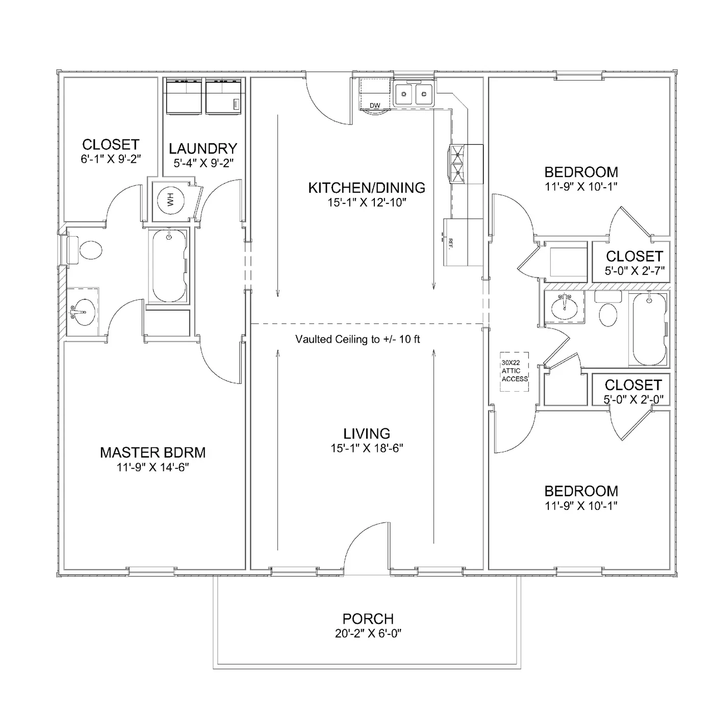 The Classic (Plan #1) floor plan diagram — 3 bedrooms, 2 baths, 32×40 footprint with master bedroom, kitchen/dining, vaulted living room, laundry, and 20' covered front porch