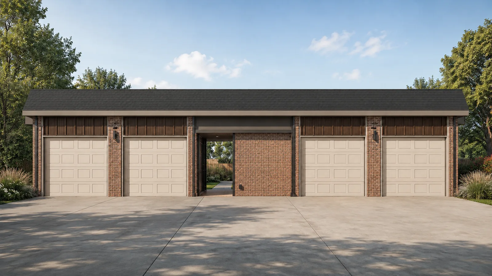Carriage 4-bay modular garage — front rendering with four overhead doors