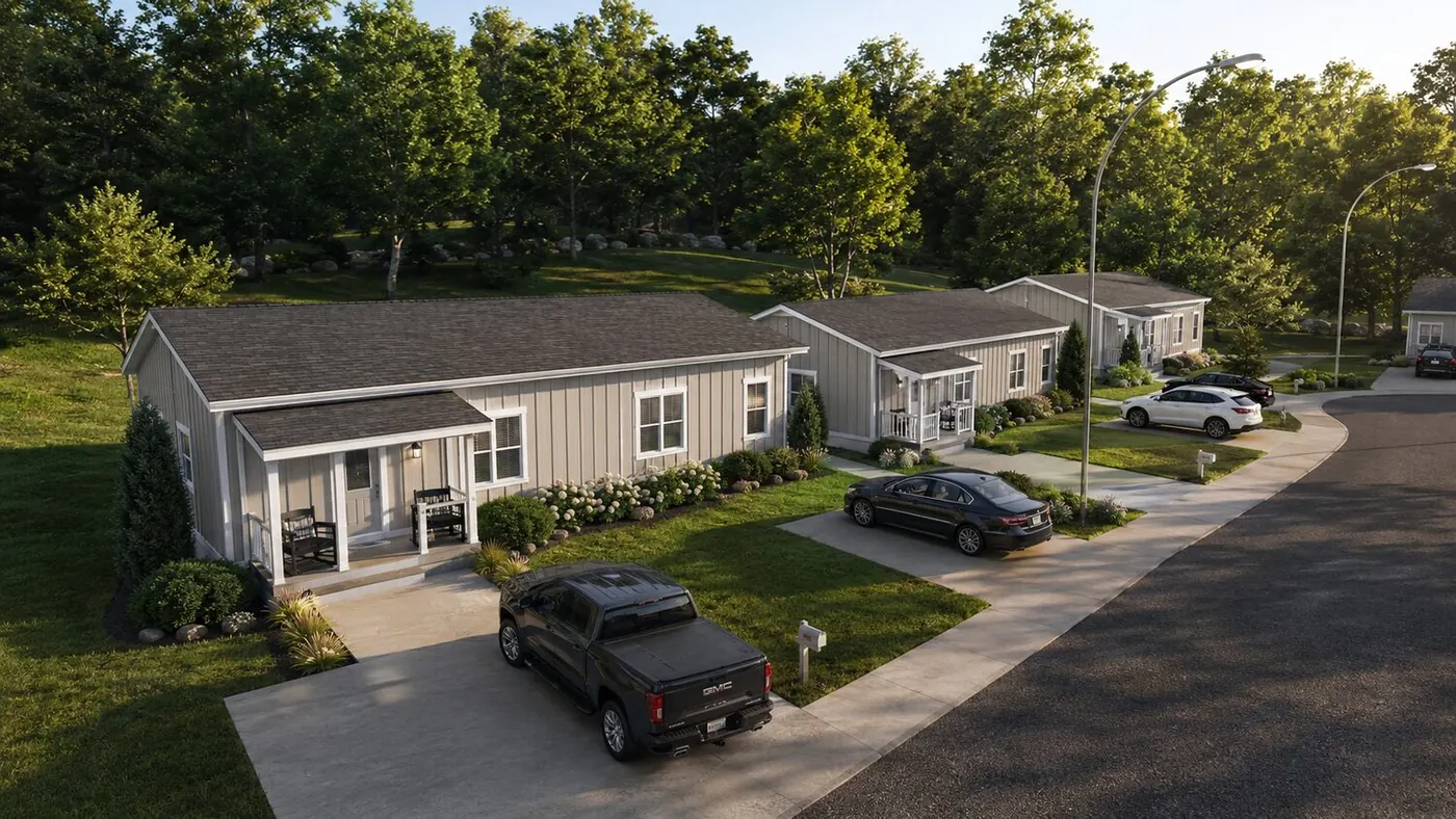 Front Porch side-by-side modular duplex — streetscape